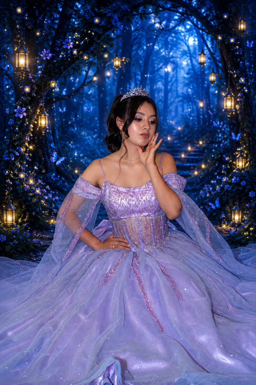 Retrato de Sara Isabella con vestido lavanda y corona