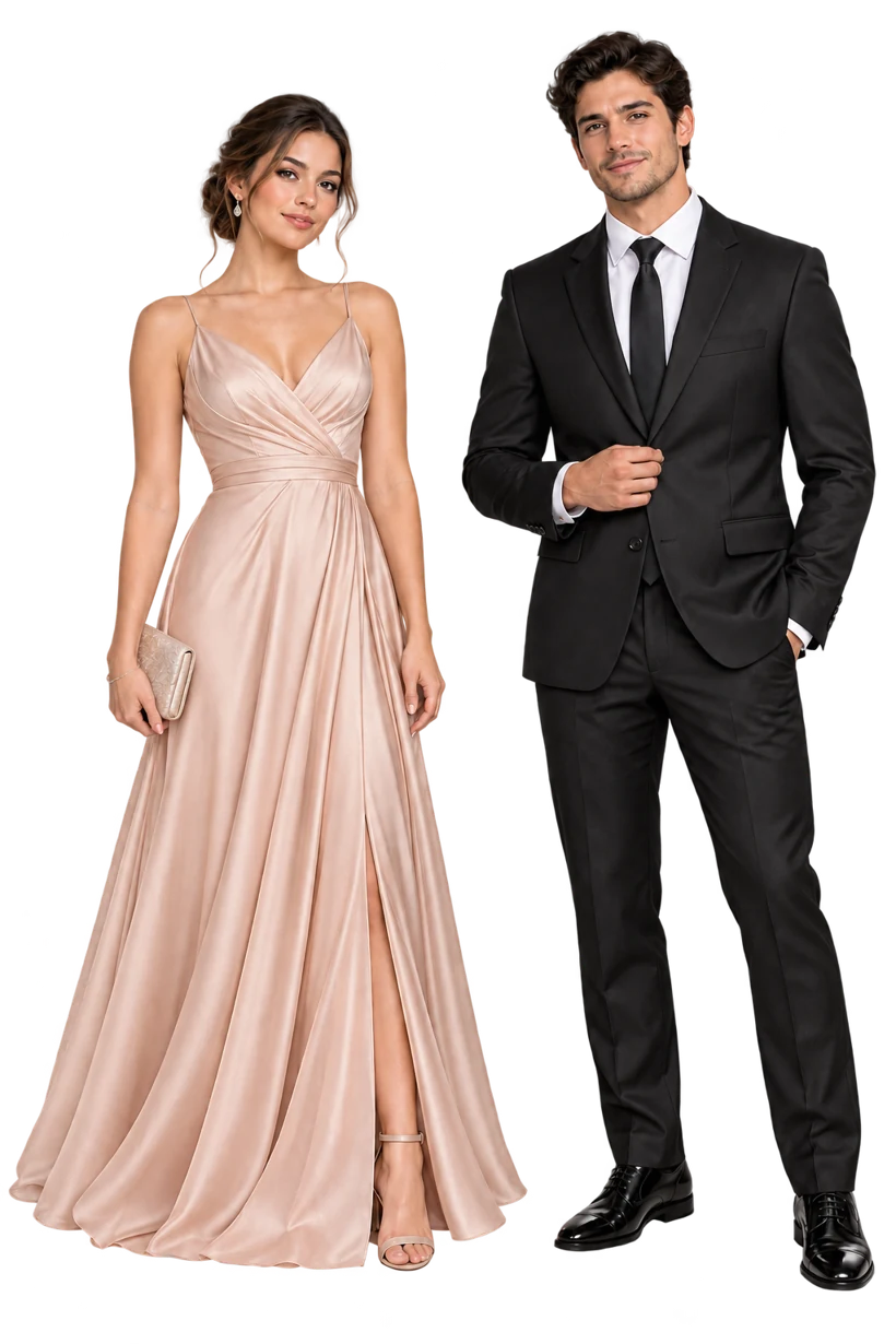 Referencia de dress code: vestido largo color champaña y traje formal negro