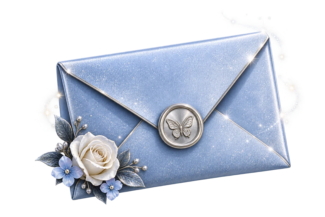 Sobre azul perla con sello plateado de mariposa
