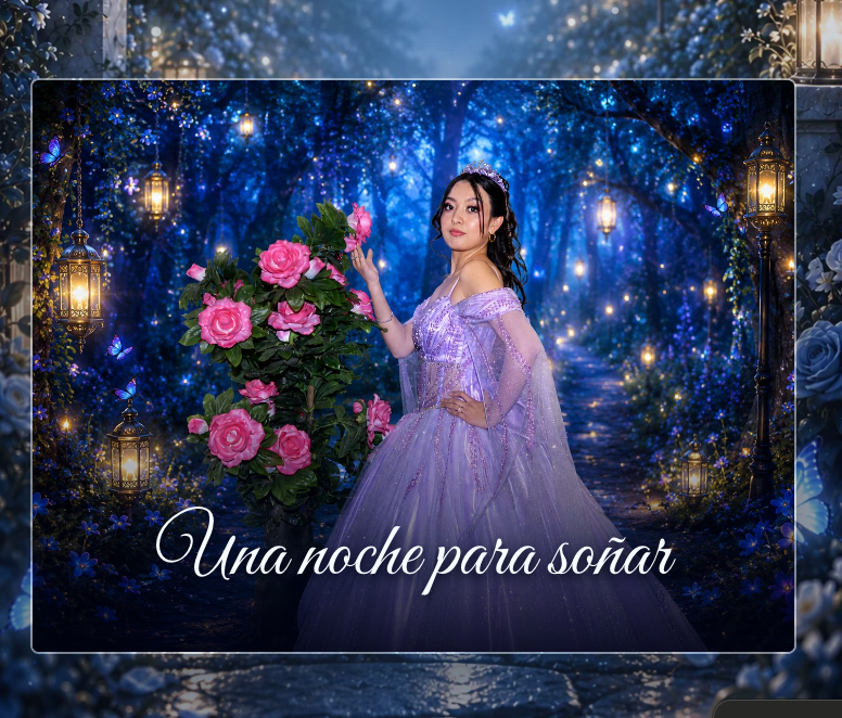 Sara Isabella en un bosque encantado con rosas y mariposas
